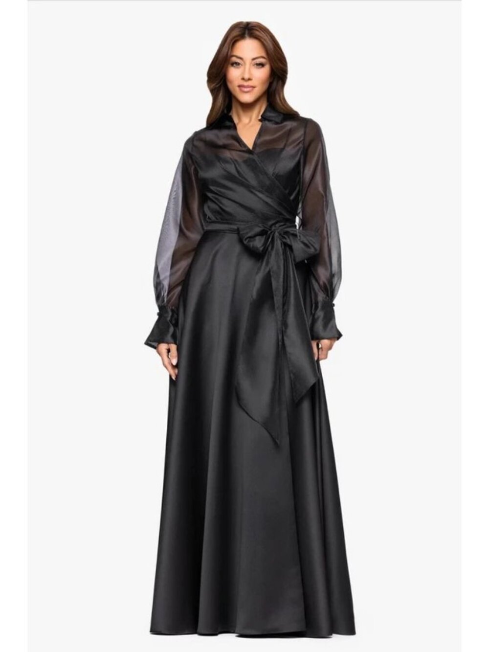 Xscape Evenings Luanne Organza Long Sleeve Satin Black Ball Gown Maxi Dress